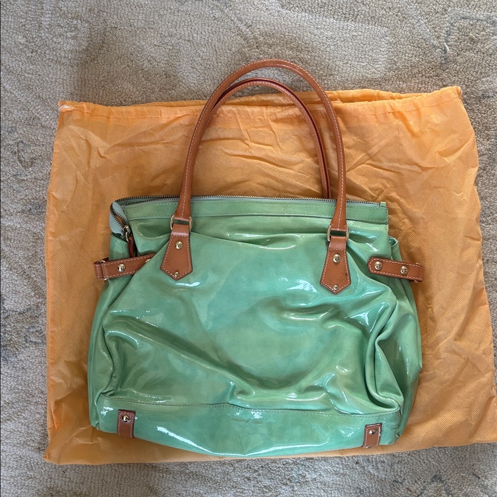 Italian Cavalcanti Mint Green Patent Shoulder Bag with Brown Straps - Picture 3 of 4
